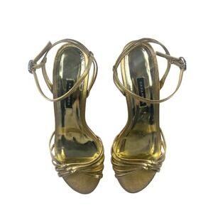 Caparros Gold Strappy Kitten Heel Sandals Size 9B Rhinestone Buckle